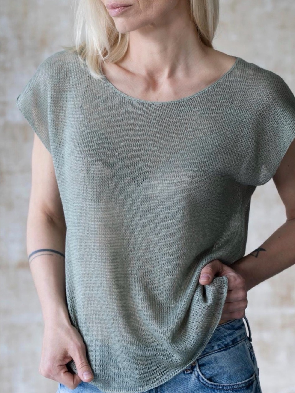 Light Sage Knit linen Cap-Sleeve Top